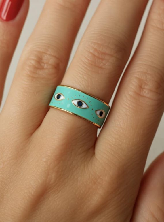 ✨ UShine.gr: Ατσάλινο Δαχτυλίδι Μάτι Τιρκουάζ Εμαγιέ No 247