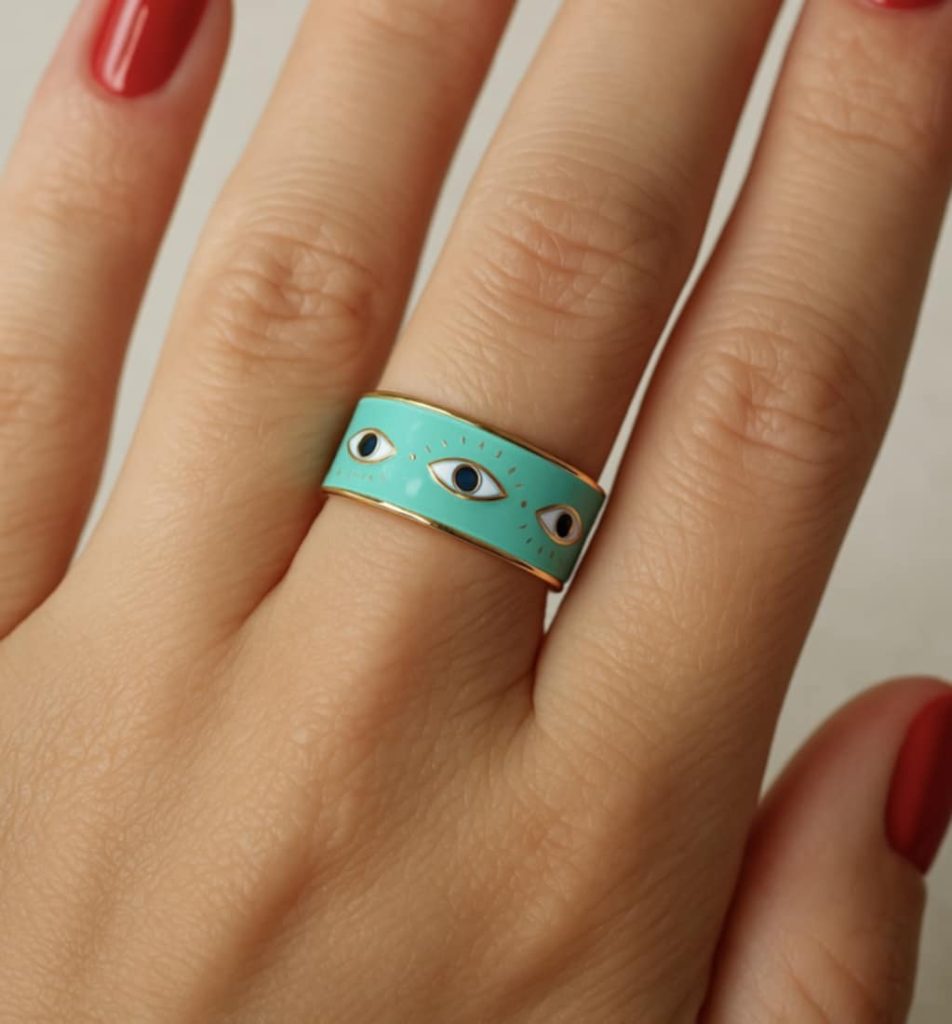 ✨ UShine.gr: Ατσάλινο Δαχτυλίδι Μάτι Τιρκουάζ Εμαγιέ No 247