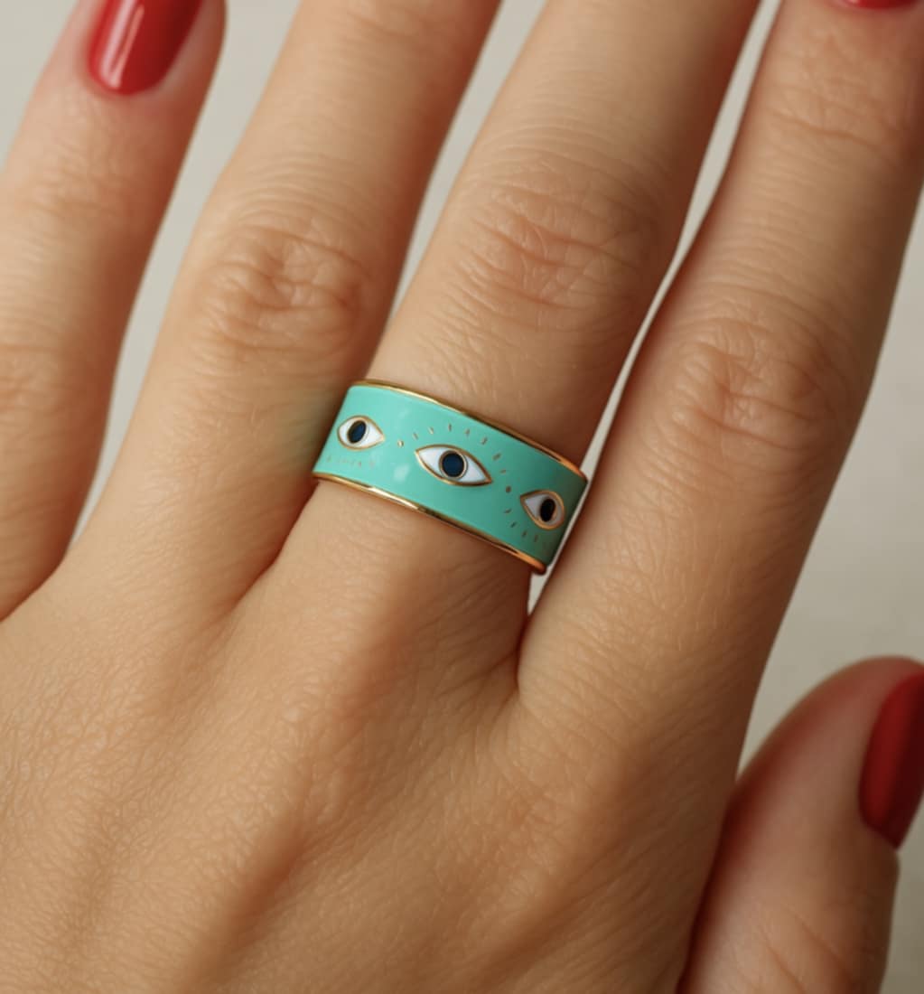 ✨ UShine.gr: Ατσάλινο Δαχτυλίδι Μάτι Τιρκουάζ Εμαγιέ No 247