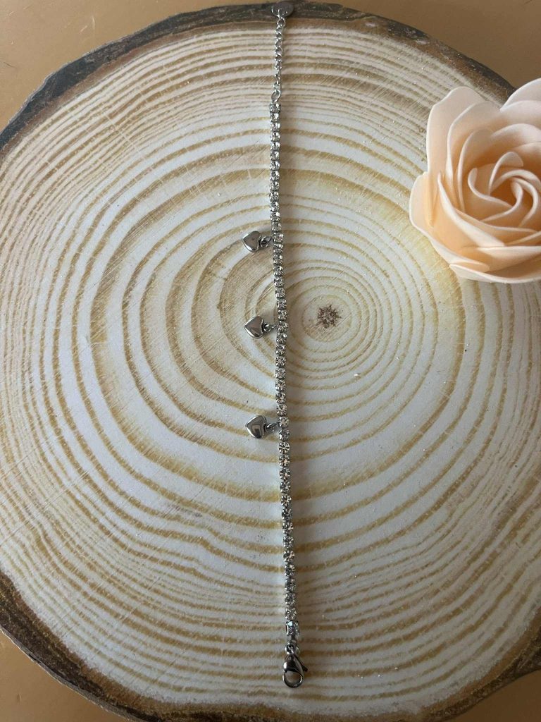 ✨ UShine.gr: Ατσάλινο Βραχιόλι με Ζιρκόνια & Κρεμαστά Καρδούλες No 157