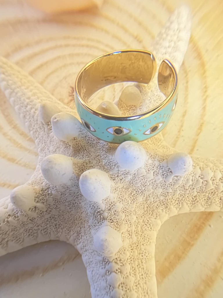 ✨ UShine.gr: Ατσάλινο Δαχτυλίδι Μάτι Τιρκουάζ Εμαγιέ No 247