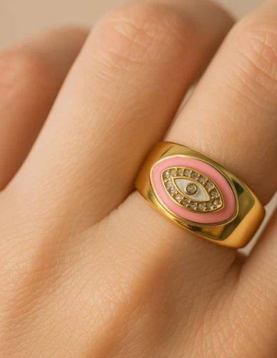 ✨ UShine.gr: Ατσάλινο Δαχτυλίδι Μάτι Ροζ Εμαγιέ No 254