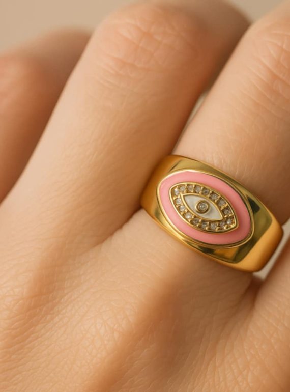 ✨ UShine.gr: Ατσάλινο Δαχτυλίδι Μάτι Ροζ Εμαγιέ No 254