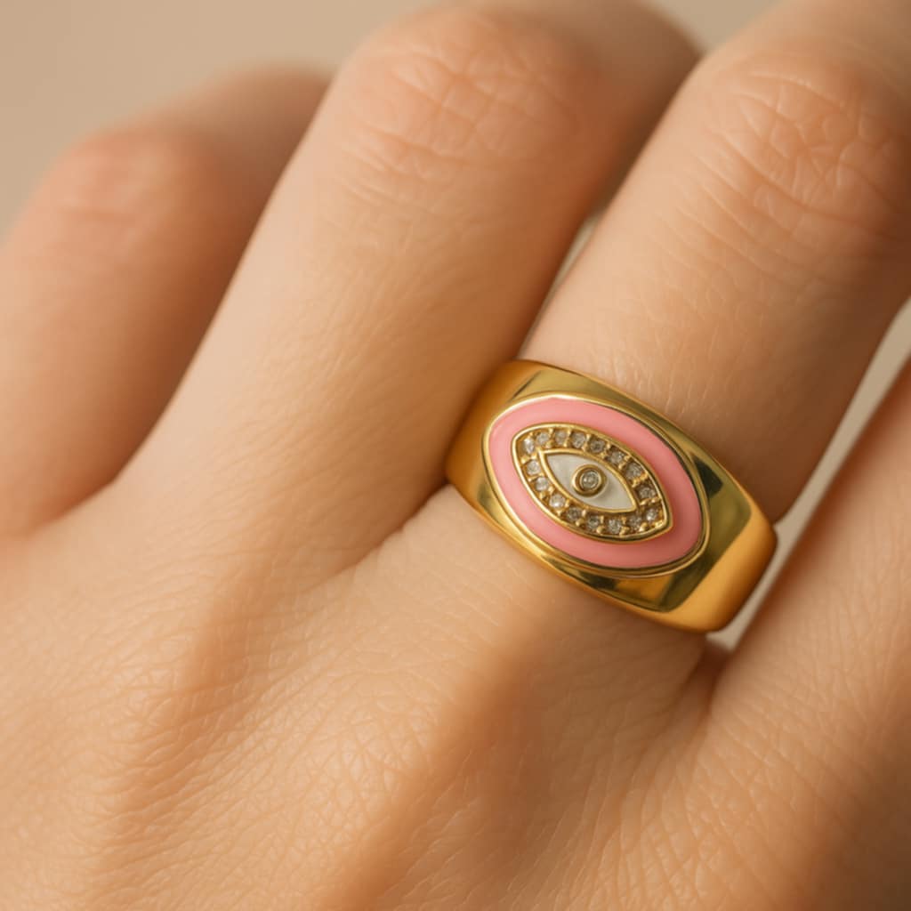 ✨ UShine.gr: Ατσάλινο Δαχτυλίδι Μάτι Ροζ Εμαγιέ No 254