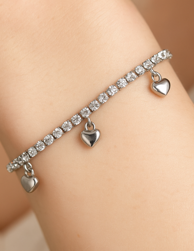 ✨ UShine.gr: Ατσάλινο Βραχιόλι με Ζιρκόνια & Κρεμαστά Καρδούλες No 157