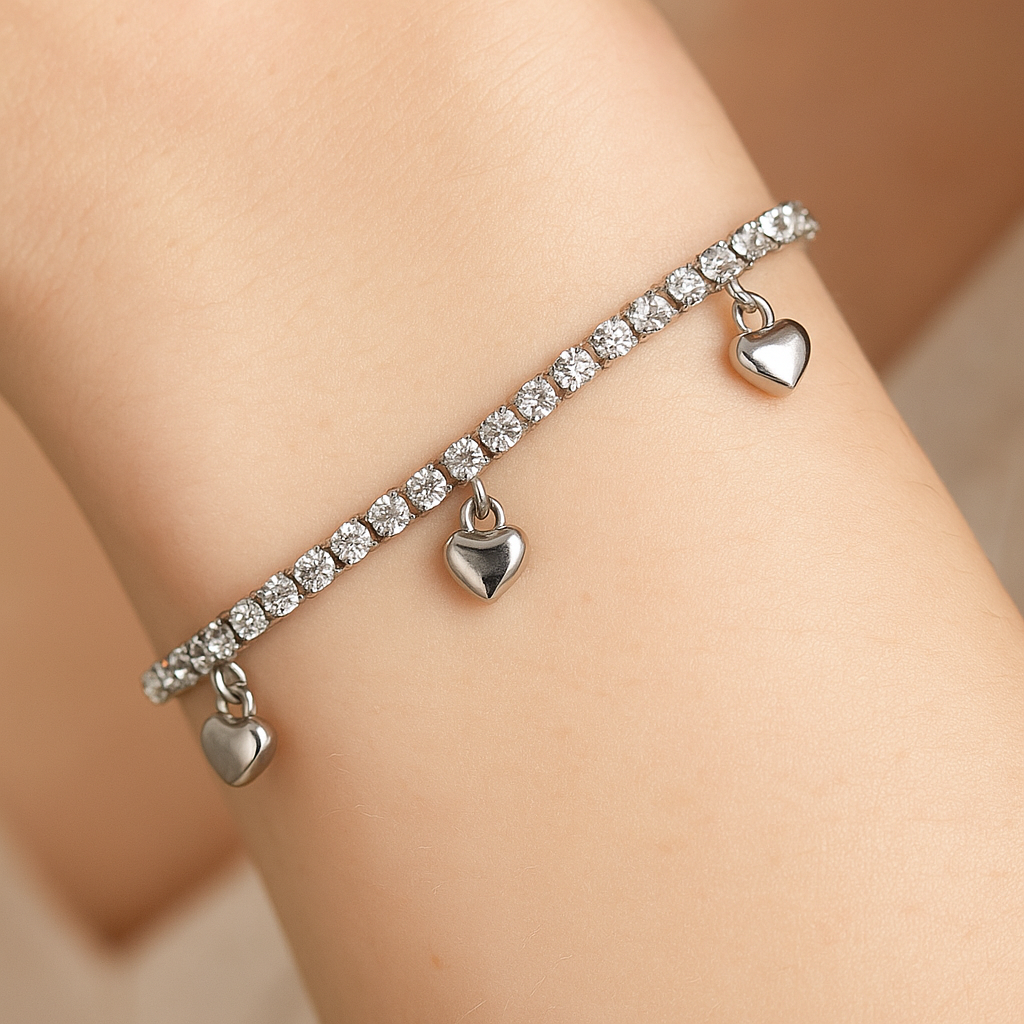 ✨ UShine.gr: Ατσάλινο Βραχιόλι με Ζιρκόνια & Κρεμαστά Καρδούλες No 157