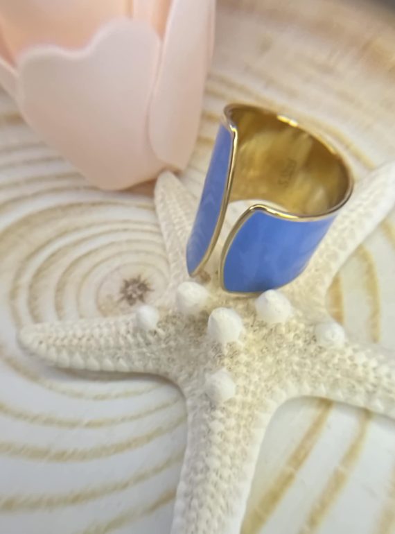 ✨ UShine.gr: Ατσάλινο Ασύμμετρο Δαχτυλίδι Μπλε Εμαγιέ No 240