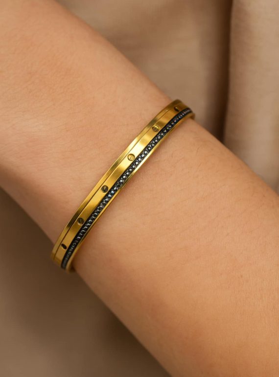 ✨ UShine.gr: Ατσάλινη χειροπέδα σε χρυσό με μαύρα κρύσταλλα No 135