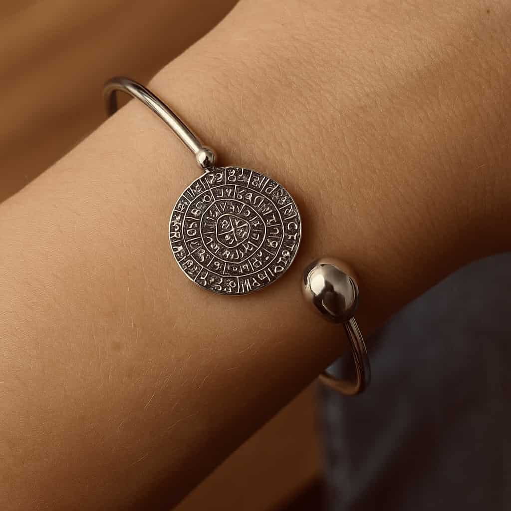 ✨ UShine.gr: Ατσάλινο ανοιχτό βραχιόλι με Δίσκο της Φαιστού σε ασημί No 138)