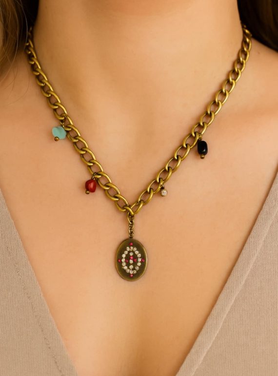 ✨ UShine.gr: Ατσάλινο Κολιέ αντικέ χρυσό με οβάλ μενταγιόν και πολύχρωμα charms No 139