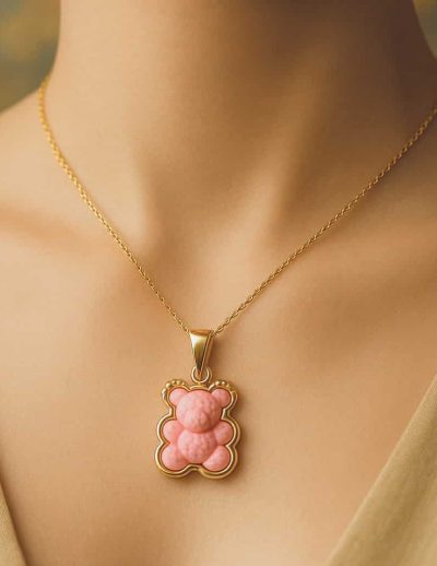 ✨ UShine.gr: Ατσάλινο κολιέ αρκουδάκι ροζ σε χρυσό No 173