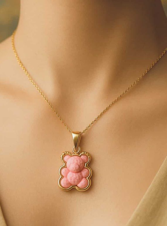 ✨ UShine.gr: Ατσάλινο κολιέ αρκουδάκι ροζ σε χρυσό No 173