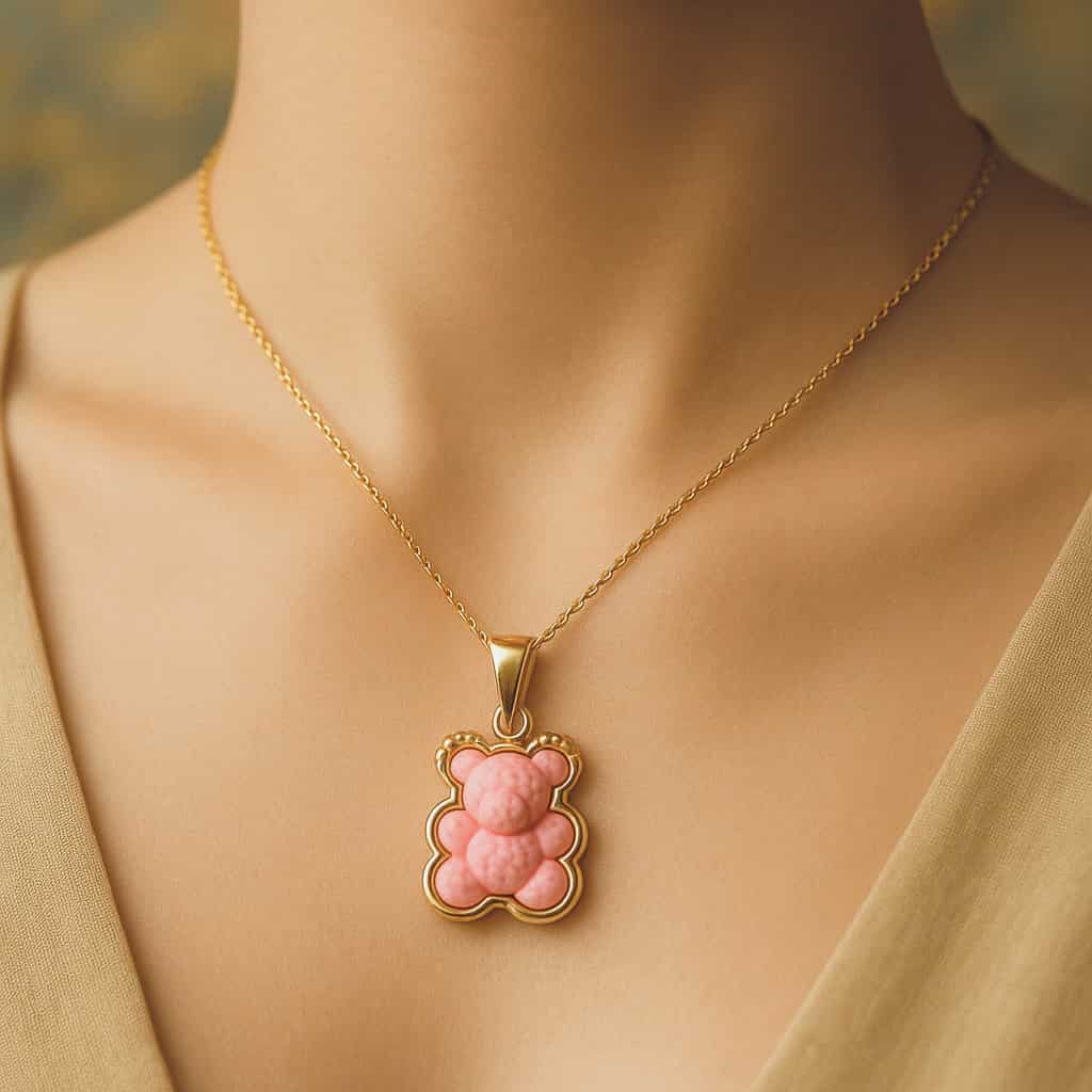 ✨ UShine.gr: Ατσάλινο κολιέ αρκουδάκι ροζ σε χρυσό No 173