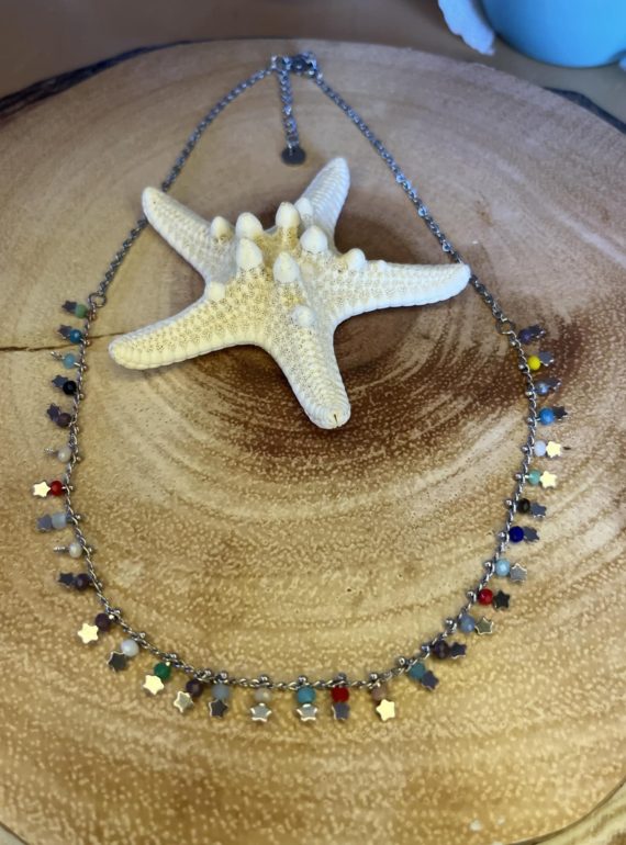 ✨ UShine.gr: Ατσάλινο ασημί κολιέ με πολύχρωμες χάντρες & αστεράκια No 251