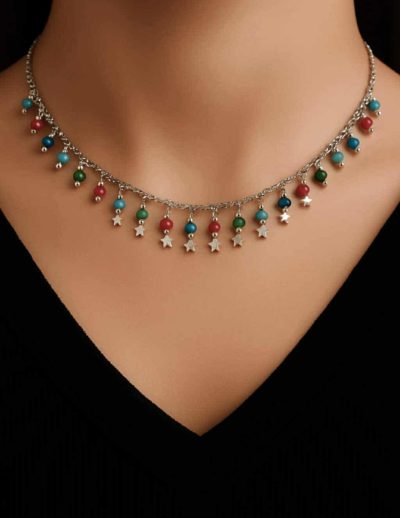 ✨ UShine.gr: Ατσάλινο ασημί κολιέ με πολύχρωμες χάντρες & αστεράκια No 251