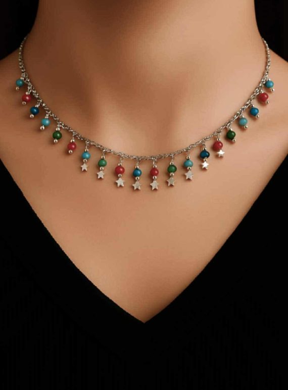 ✨ UShine.gr: Ατσάλινο ασημί κολιέ με πολύχρωμες χάντρες & αστεράκια No 251