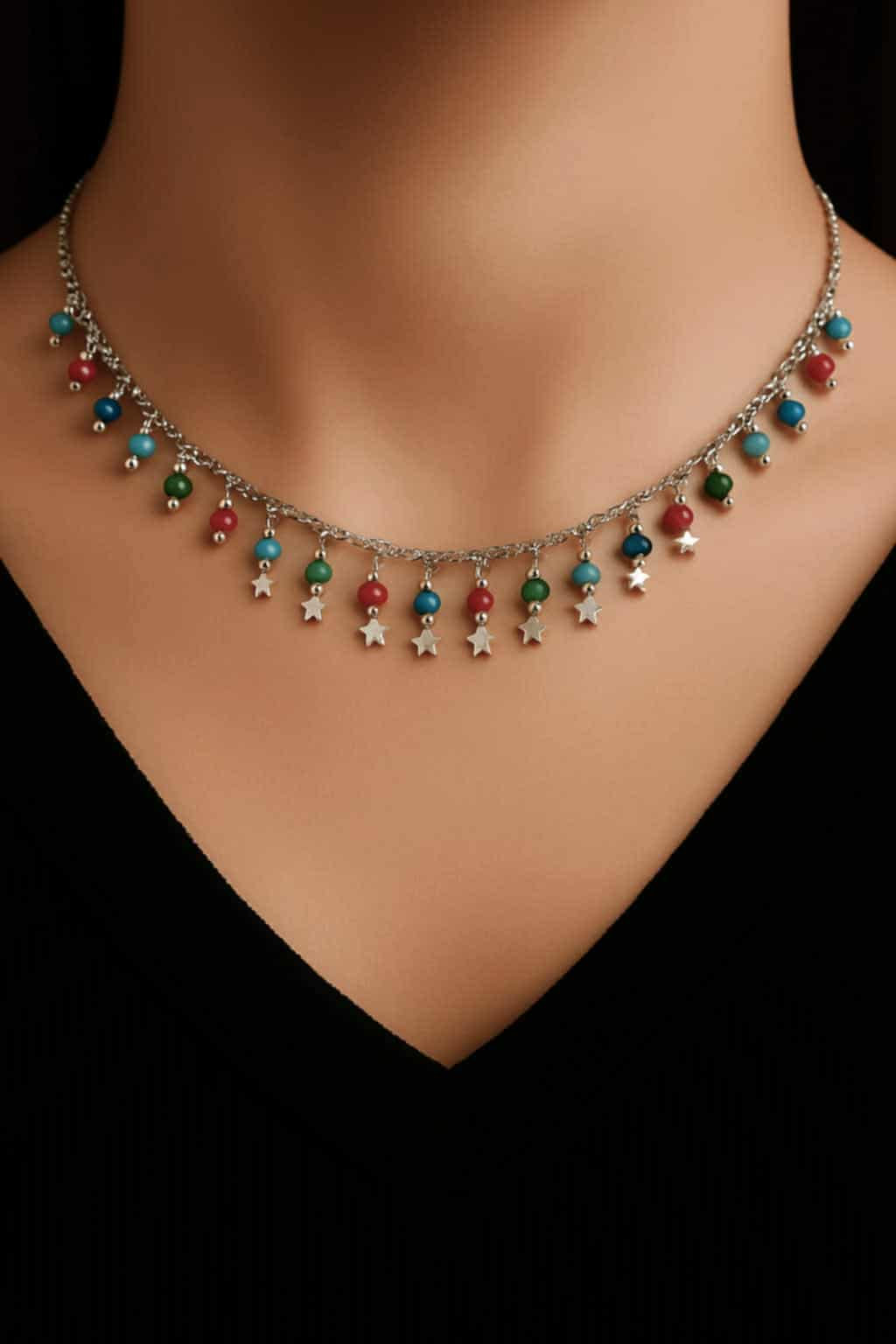 ✨ UShine.gr: Ατσάλινο ασημί κολιέ με πολύχρωμες χάντρες & αστεράκια No 251