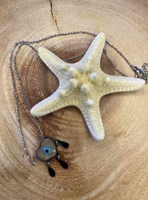 ✨ UShine.gr: Ατσάλινο κολιέ καρδιά-ματάκι με κρεμαστές σταγόνες (ασημί) No 256