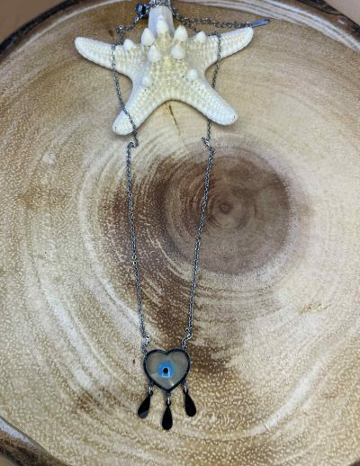 ✨ UShine.gr: Ατσάλινο κολιέ καρδιά-ματάκι με κρεμαστές σταγόνες (ασημί) No 256