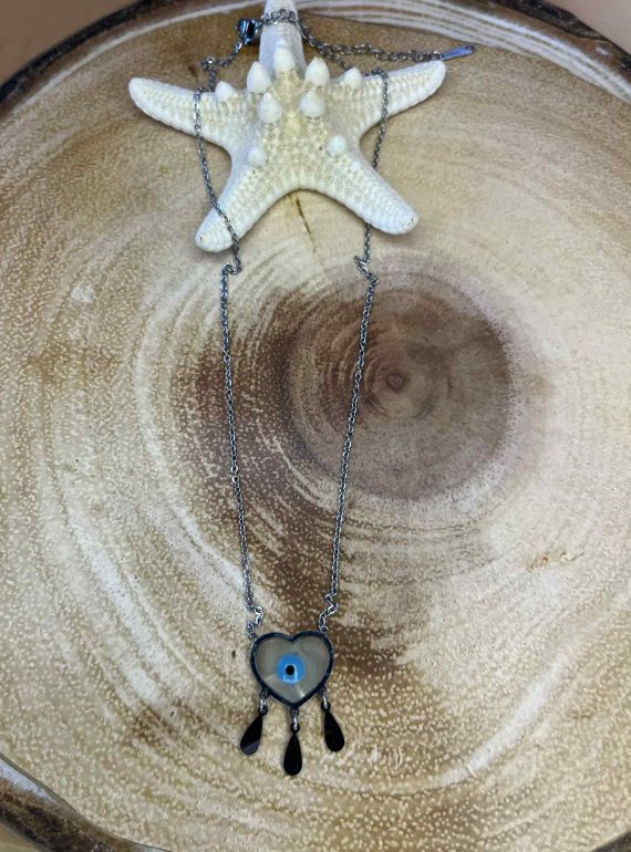 ✨ UShine.gr: Ατσάλινο κολιέ καρδιά-ματάκι με κρεμαστές σταγόνες (ασημί) No 256