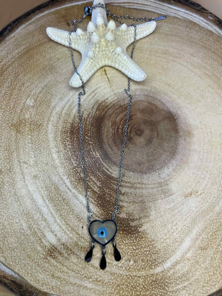 ✨ UShine.gr: Ατσάλινο κολιέ καρδιά-ματάκι με κρεμαστές σταγόνες (ασημί) No 256