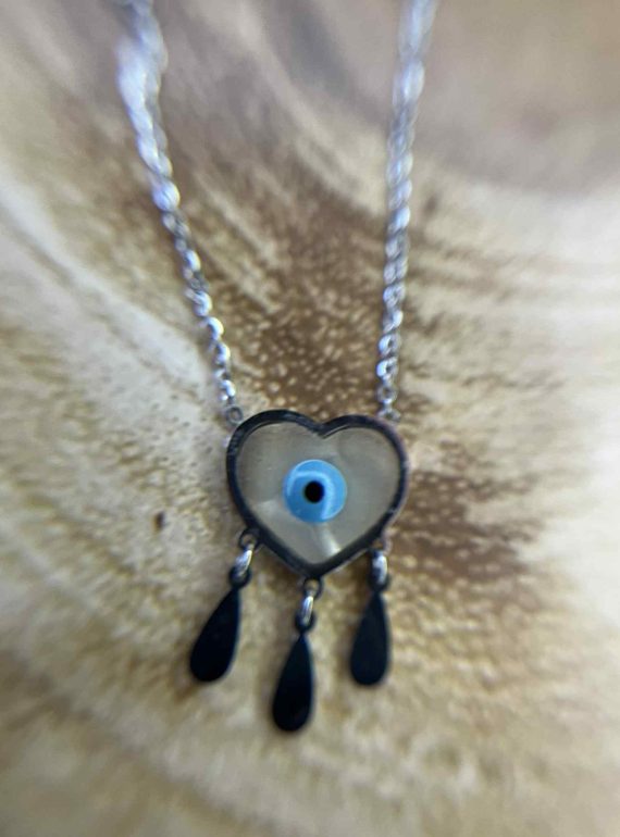 ✨ UShine.gr: Ατσάλινο κολιέ καρδιά-ματάκι με κρεμαστές σταγόνες (ασημί) No 256