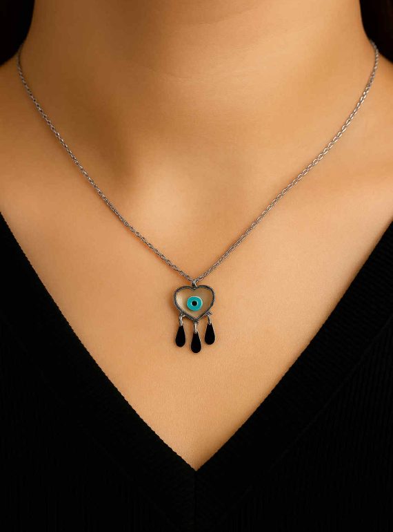 ✨ UShine.gr: Ατσάλινο κολιέ καρδιά-ματάκι με κρεμαστές σταγόνες (ασημί) No 256