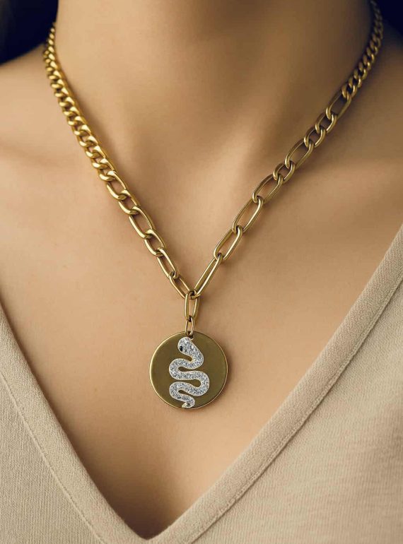✨ UShine.gr: Κολιέ ατσάλινο με μενταγιόν φίδι σε χρυσό No 175
