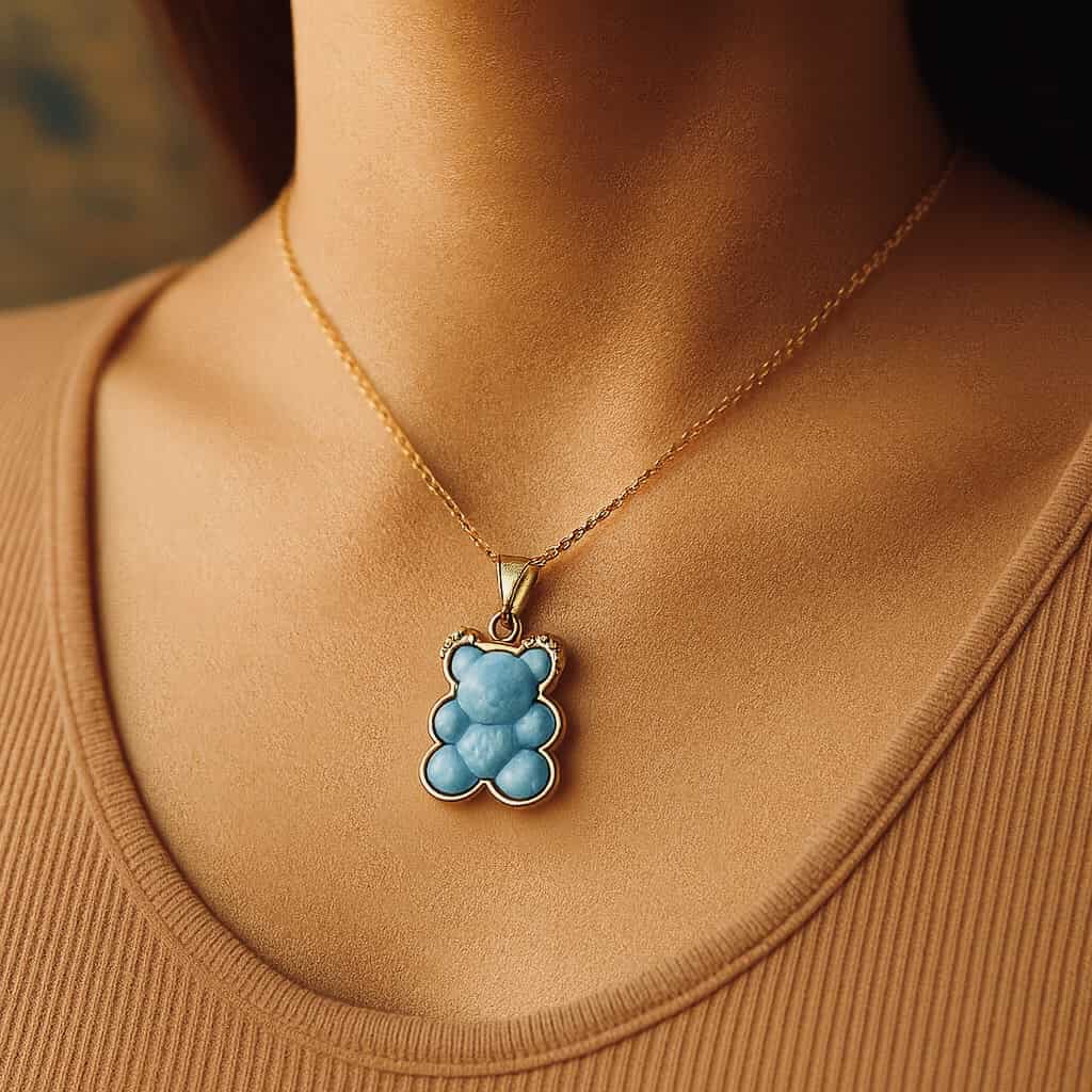 ✨ UShine.gr: Ατσάλινο κολιέ αρκουδάκι γαλάζιο σε χρυσό No 174