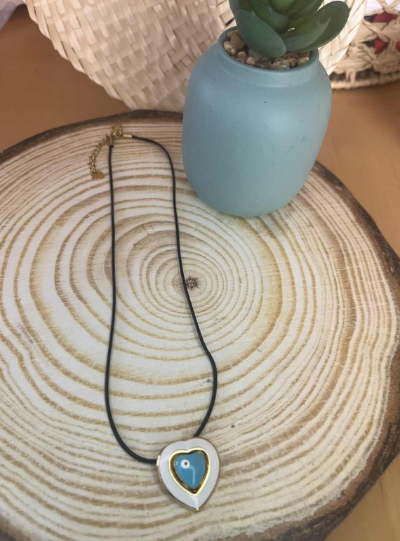 ✨ UShine.gr: Ατσάλινο Χρυσό κολιέ καρδιά–ματάκι σε μαύρο κορδόνι No 1201