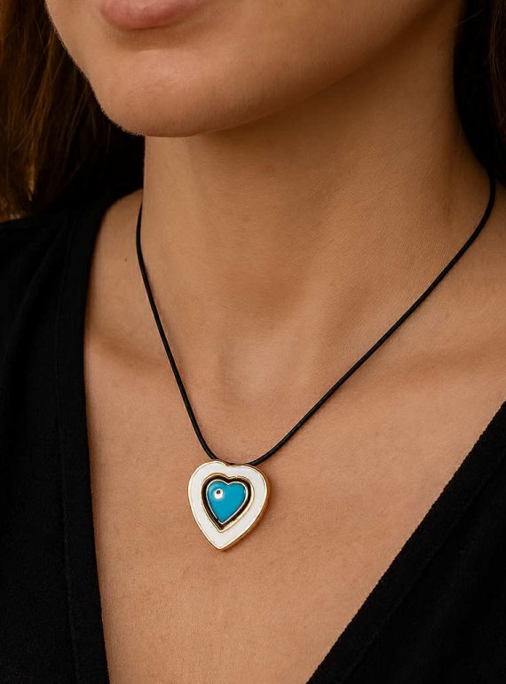 ✨ UShine.gr: Ατσάλινο Χρυσό κολιέ καρδιά–ματάκι σε μαύρο κορδόνι No 1201