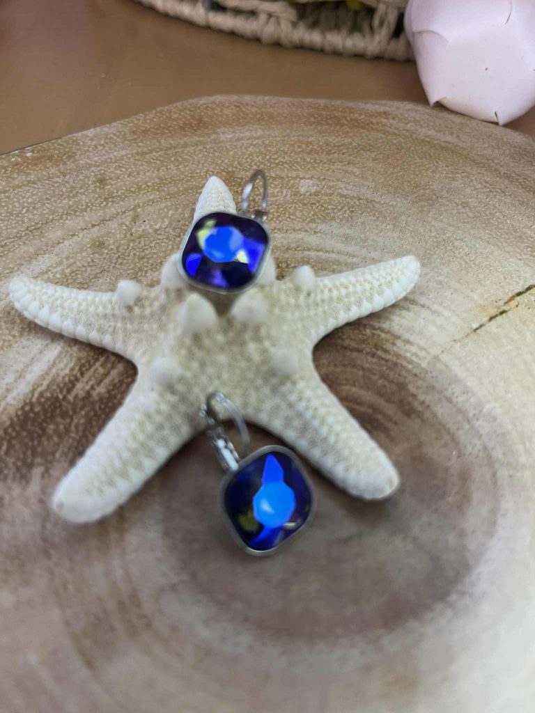 ✨ UShine.gr: Ατσάλινα σκουλαρίκια με μπλε κρύσταλλο No 1205