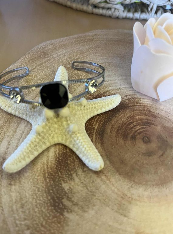 ✨ UShine.gr: Ατσάλινο βραχιόλι cuff με εντυπωσιακή μαύρη πέτρα No 1217