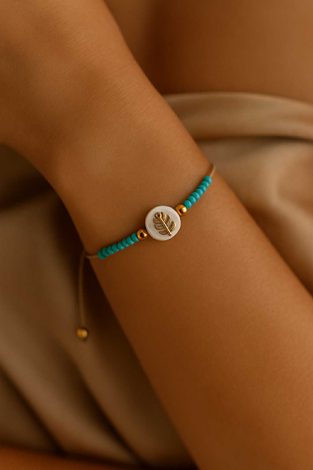 ✨ UShine.gr: Βραχιόλι με γαλάζιες χάντρες & φίλντισι με χρυσό φύλλο No 1219