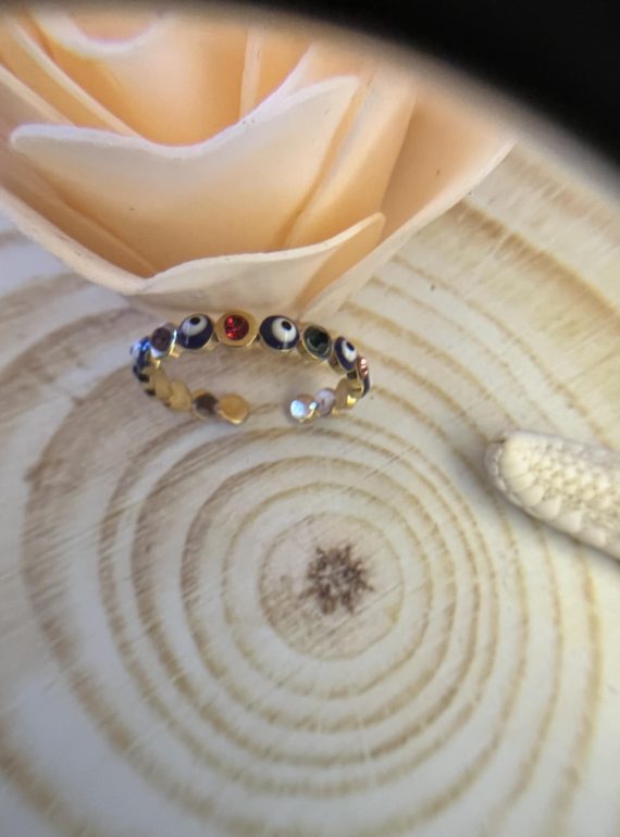 ✨ UShine.gr: Ατσάλινο δαχτυλίδι με ματάκια & πολύχρωμες πέτρες No 1223