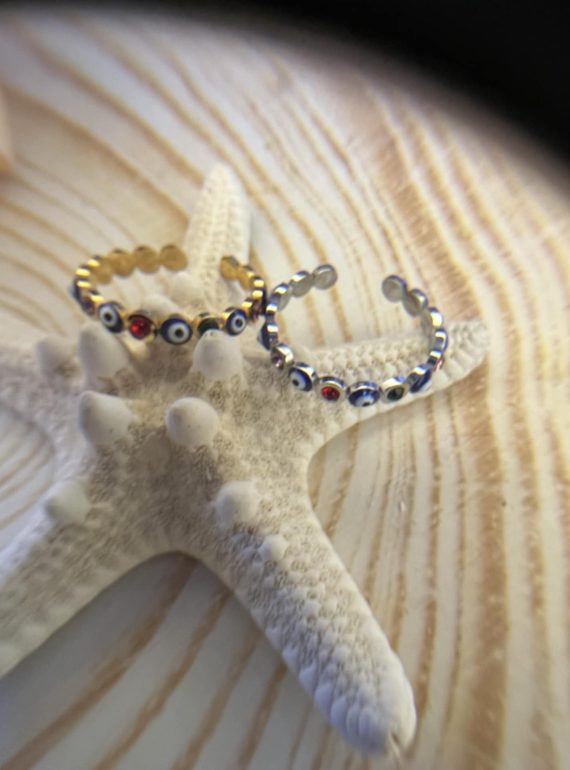 ✨ UShine.gr: Ατσάλινο δαχτυλίδι με ματάκια & πολύχρωμες πέτρες No 1223