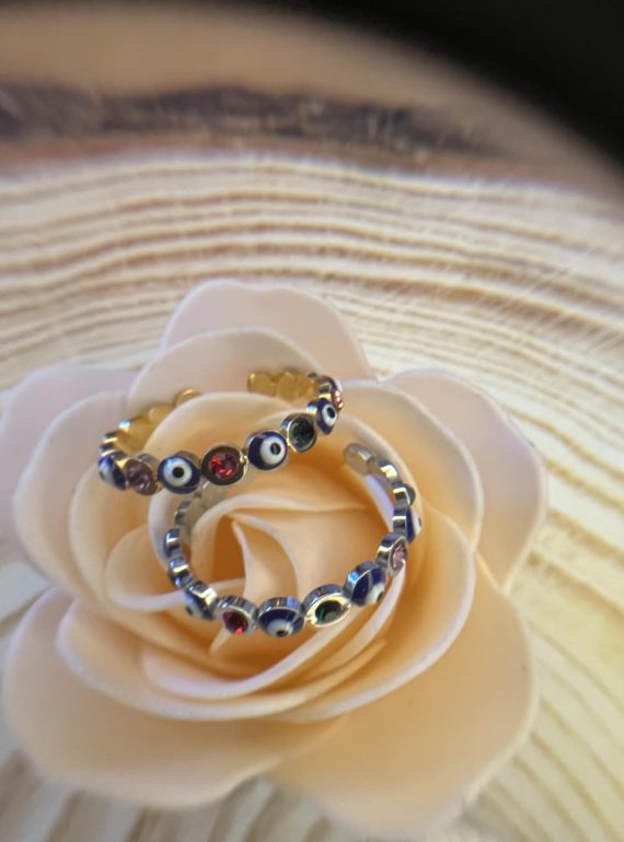 ✨ UShine.gr: Ατσάλινο δαχτυλίδι με ματάκια & πολύχρωμες πέτρες No 1223