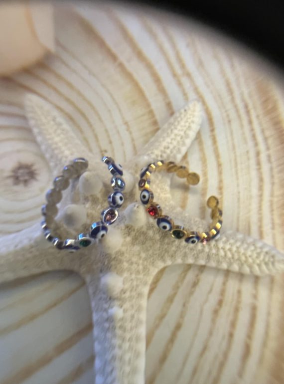 ✨ UShine.gr: Ατσάλινο δαχτυλίδι με ματάκια & πολύχρωμες πέτρες No 1223