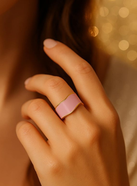 ✨ UShine.gr: Ατσάλινο δαχτυλίδι cuff με ροζ και χρυσές λεπτομέρειες No 1222