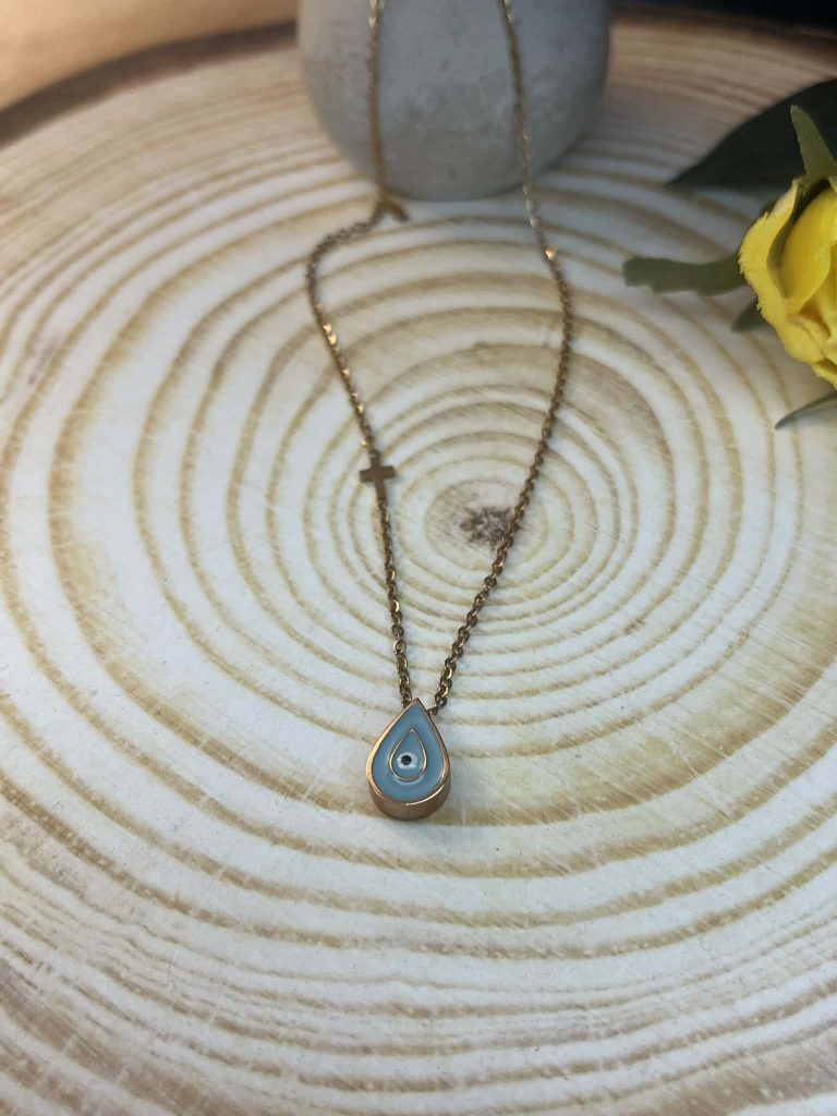 ✨ UShine.gr: Κολιέ ατσάλινο με σταγόνα μάτι σε γαλάζια απόχρωση No1232