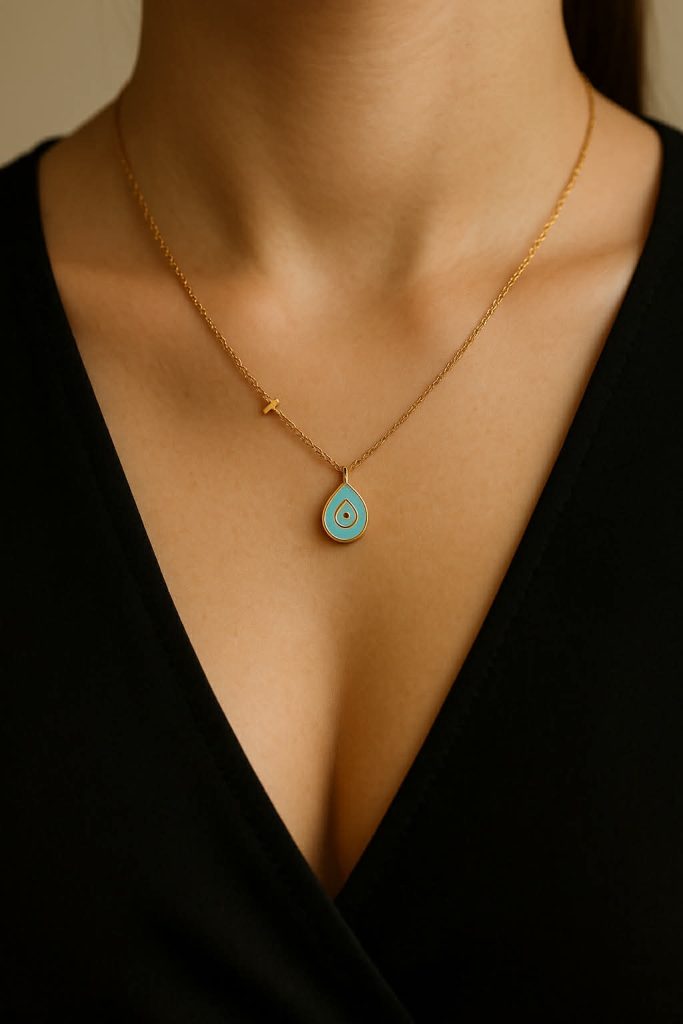 ✨ UShine.gr: Κολιέ ατσάλινο με σταγόνα μάτι σε γαλάζια απόχρωση No1232