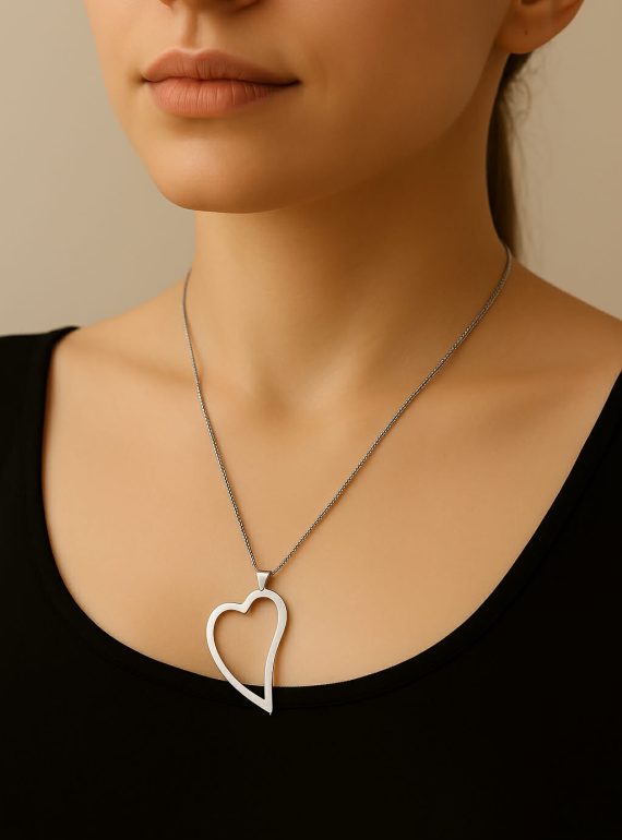 ✨ UShine.gr: Ατσάλινο μακρύ κολιέ με μεγάλη ασύμμετρη καρδιά No 1233