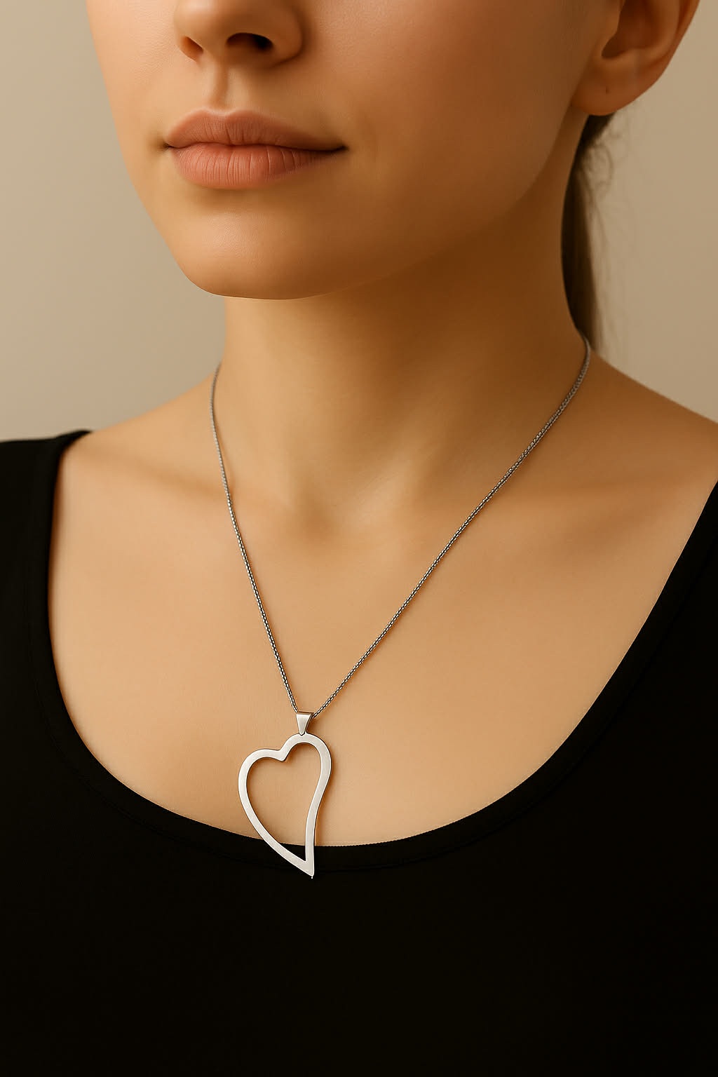 ✨ UShine.gr: Ατσάλινο μακρύ κολιέ με μεγάλη ασύμμετρη καρδιά No 1233