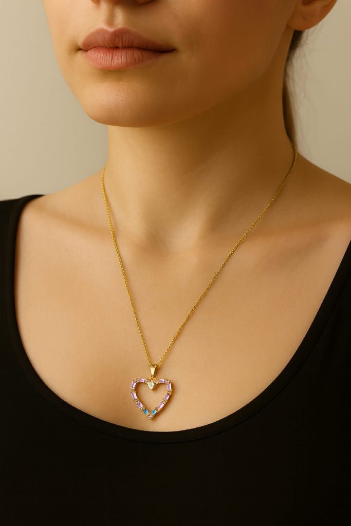 ✨ UShine.gr: Κολιέ καρδιά με πολύχρωμες baguette πέτρες No 1234