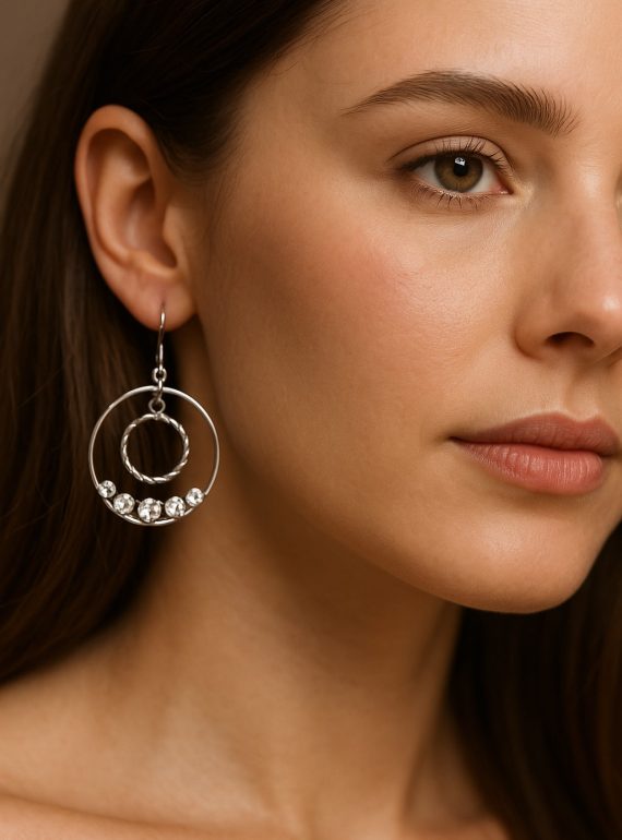 ✨ UShine.gr: Ατσάλινα σκουλαρίκια διπλού κύκλου με κρυστάλλινες λεπτομέρειες No 1245
