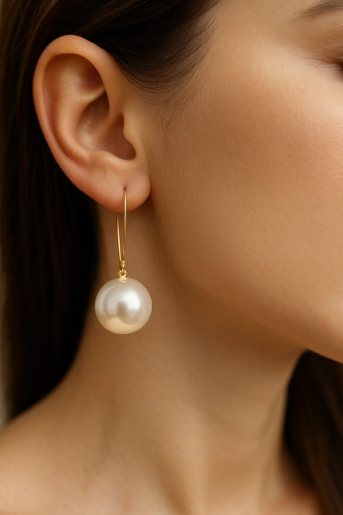 ✨ UShine.gr:Ατσάλινα σκουλαρίκια με μεγάλη λευκή πέρλα & χρυσό κρίκο No 1250