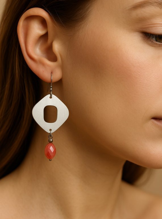 ✨ UShine.gr: Ατσάλινα γεωμετρικά σκουλαρίκια με κρεμαστή πορτοκαλί πέτρα No 1253