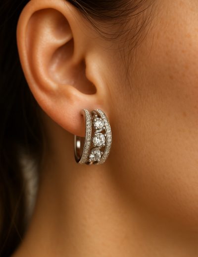 ✨ UShine.gr: Ατσάλινα σκουλαρίκια κρίκοι με τριπλή σειρά λαμπερών zircon No 1263