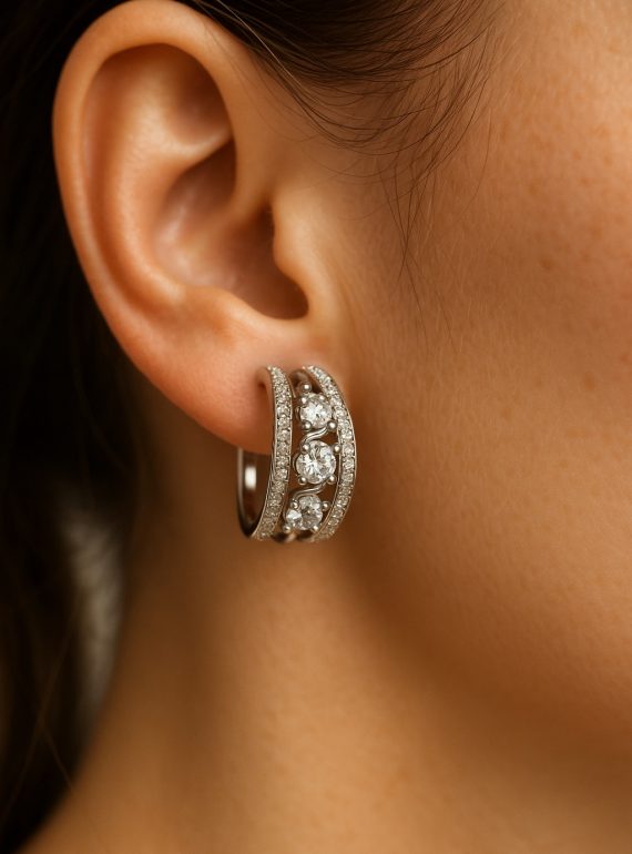 ✨ UShine.gr: Ατσάλινα σκουλαρίκια κρίκοι με τριπλή σειρά λαμπερών zircon No 1263