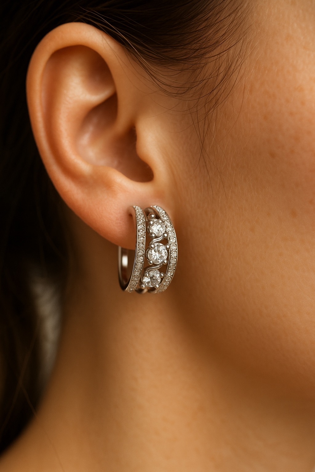 ✨ UShine.gr: Ατσάλινα σκουλαρίκια κρίκοι με τριπλή σειρά λαμπερών zircon No 1263